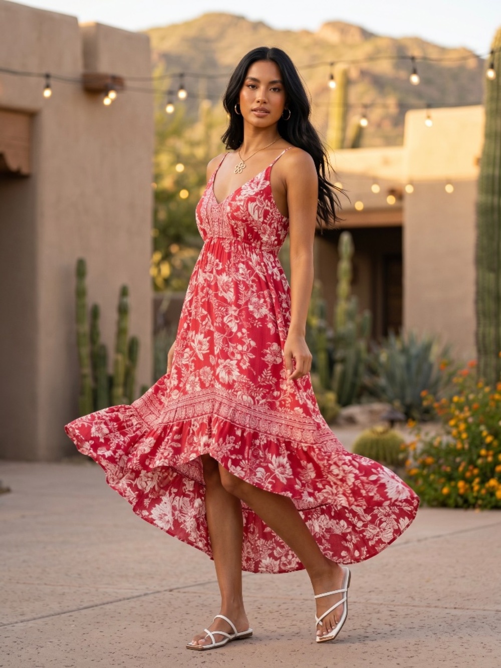 Angie Red Hawaiian Floral Print Hi Lo Midi Dress | V Neck Sleeveless Ruffle Hem - Picture 5 of 6
